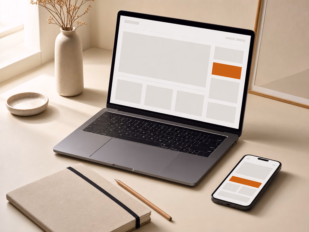 Laptop dan ponsel di atas meja krem, keduanya menampilkan antarmuka situs minimalis dengan satu aksen oranye.
