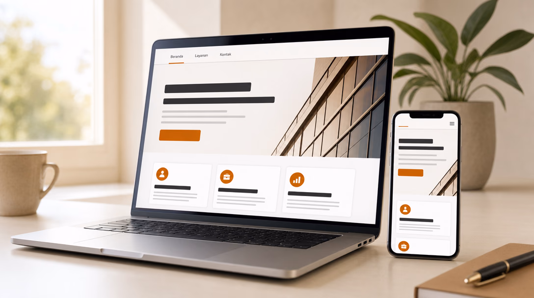 Laptop dan ponsel di atas meja menampilkan website bisnis yang sama: navigasi Beranda, Layanan, Kontak, judul besar, tombol ajakan oranye, dan tiga kartu layanan.