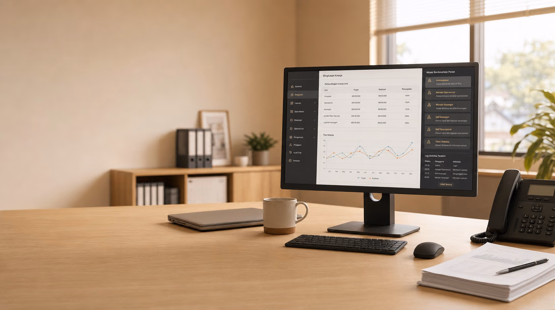 Monitor di meja kantor menampilkan dasbor internal: "Ringkasan Kinerja" dengan tabel perbandingan target dan realisasi, grafik tren, panel "Akses Berdasarkan Peran" berisi daftar peran pengguna, dan "Log Aktivitas Terakhir". Di meja ada laptop tertutup, cangkir, dan tumpukan laporan.