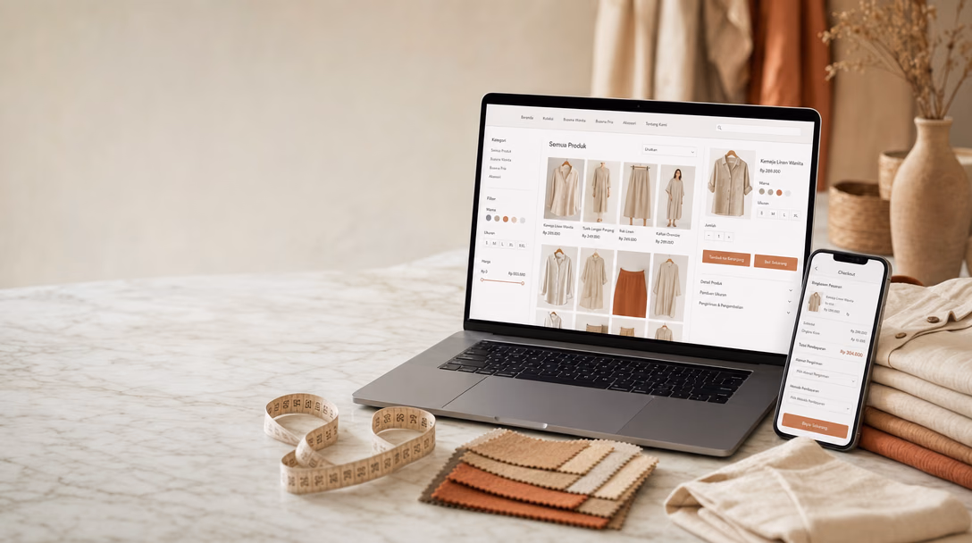 Laptop di meja marmer menampilkan toko online busana: filter kategori, warna, ukuran, dan harga di kiri, katalog produk linen berharga rupiah, serta panel detail produk dengan tombol oranye "Tambah ke Keranjang". Ponsel di sampingnya menampilkan halaman checkout.
