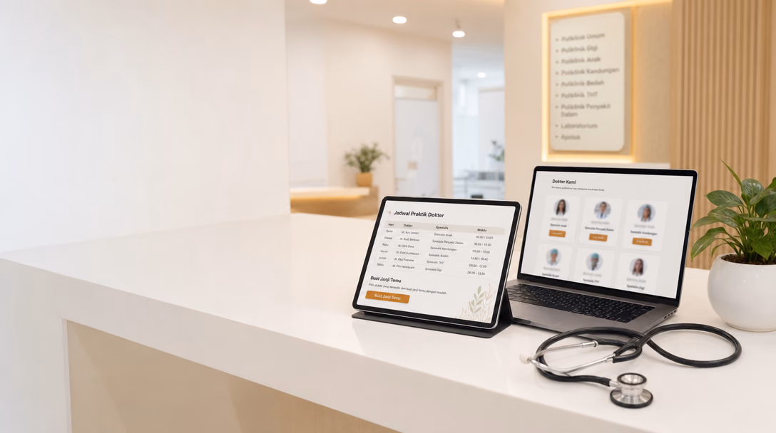 Meja resepsi klinik berwarna putih dengan tablet menampilkan tabel "Jadwal Praktik Dokter" beserta tombol "Buat Janji Temu", dan laptop menampilkan "Dokter Kami" berisi enam kartu profil dokter dan spesialisasinya. Di sampingnya stetoskop dan tanaman kecil.