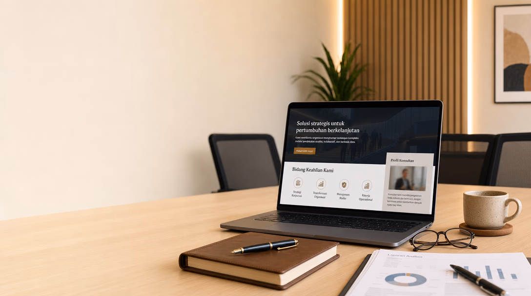 Laptop di meja rapat menampilkan website konsultan berjudul "Solusi strategis untuk pertumbuhan berkelanjutan", dengan bagian "Bidang Keahlian Kami" berisi empat bidang dan kartu "Profil Konsultan". Di meja ada buku catatan kulit, pena, kacamata, dan laporan analisis bergrafik.