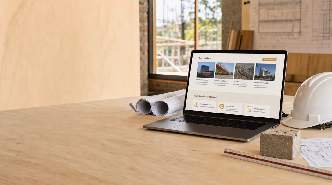 Laptop di meja kerja proyek menampilkan halaman "Proyek Kami" berisi empat kartu proyek — gedung perkantoran, fasilitas pendidikan, jalan dan infrastruktur, bangunan komersial — serta baris "Sertifikasi & Kredensial". Di sekitarnya helm putih, gulungan gambar kerja, dan balok beton.