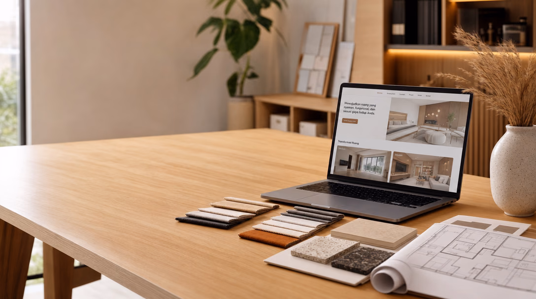Laptop di meja kayu lebar menampilkan website kontraktor interior berjudul "Menjadikan ruang yang nyaman, fungsional, dan sesuai gaya hidup Anda", dengan tombol oranye dan foto ruangan. Di meja terhampar contoh kain, sampel batu dan kayu, serta gulungan denah.