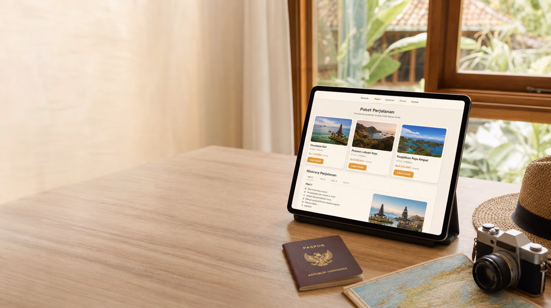 Tablet di meja kayu menampilkan halaman "Paket Perjalanan" berisi tiga paket wisata dengan harga rupiah dan tombol "Lihat Detail", serta "Itinerary Perjalanan" bertab Hari 1 sampai Hari 4. Di depannya paspor Indonesia, kamera analog, dan topi anyaman.