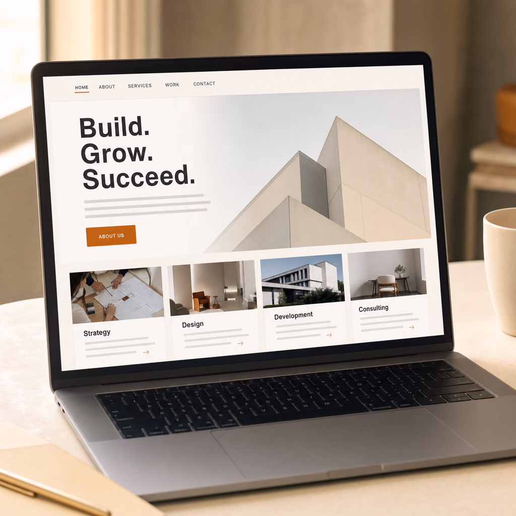 Laptop menampilkan website company profile dengan judul besar, tombol oranye, dan deretan kartu layanan.