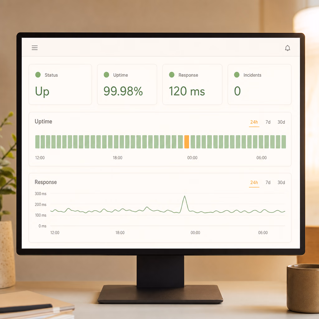 Monitor menampilkan dashboard pemantauan situs dengan kartu status dan linimasa uptime.