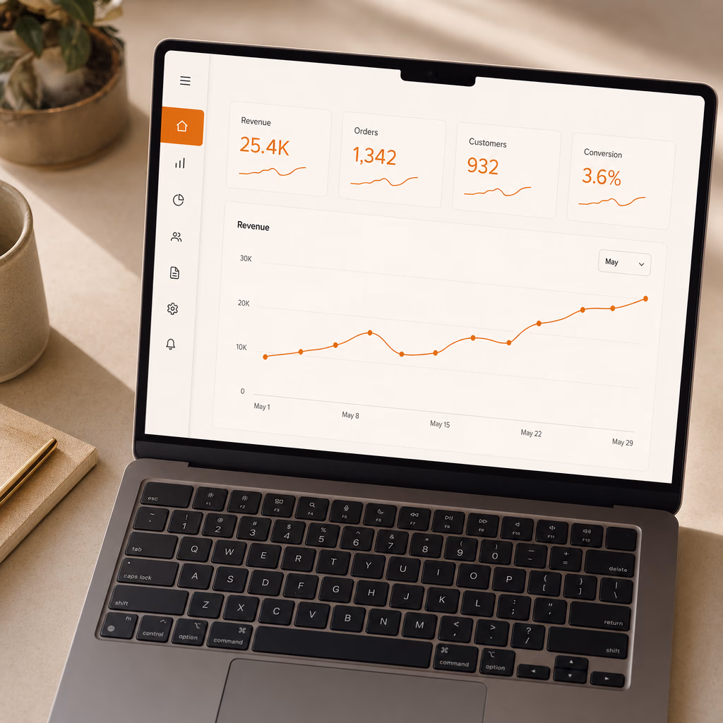 Laptop menampilkan dashboard aplikasi internal dengan kartu metrik dan grafik garis oranye.
