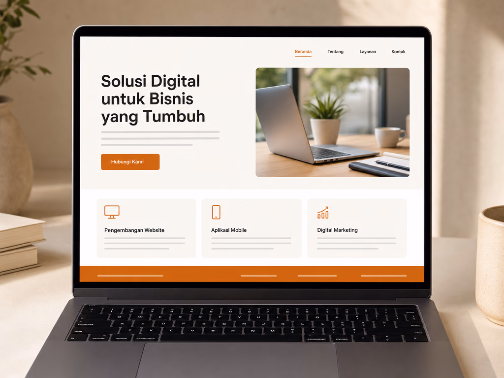 Laptop menampilkan website company profile: navigasi Beranda, Tentang, Layanan, Kontak, judul besar, tombol oranye "Hubungi Kami", dan tiga kartu layanan.