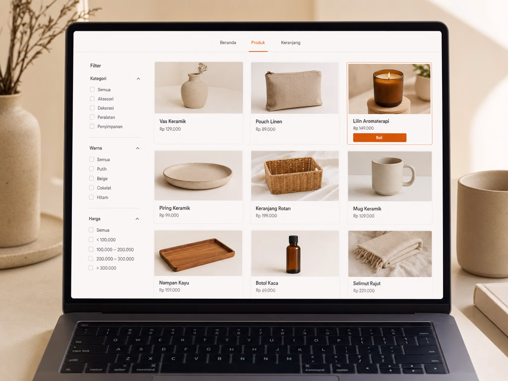 Laptop menampilkan katalog toko online: filter kategori, warna, dan harga di kiri, serta sembilan kartu produk dengan harga rupiah dan tombol "Beli" oranye.