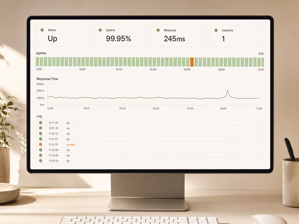 Monitor menampilkan dashboard pemantauan situs: status Up, uptime 99,95 persen, waktu respons 245 milidetik, linimasa uptime dengan satu segmen insiden oranye, dan daftar log.