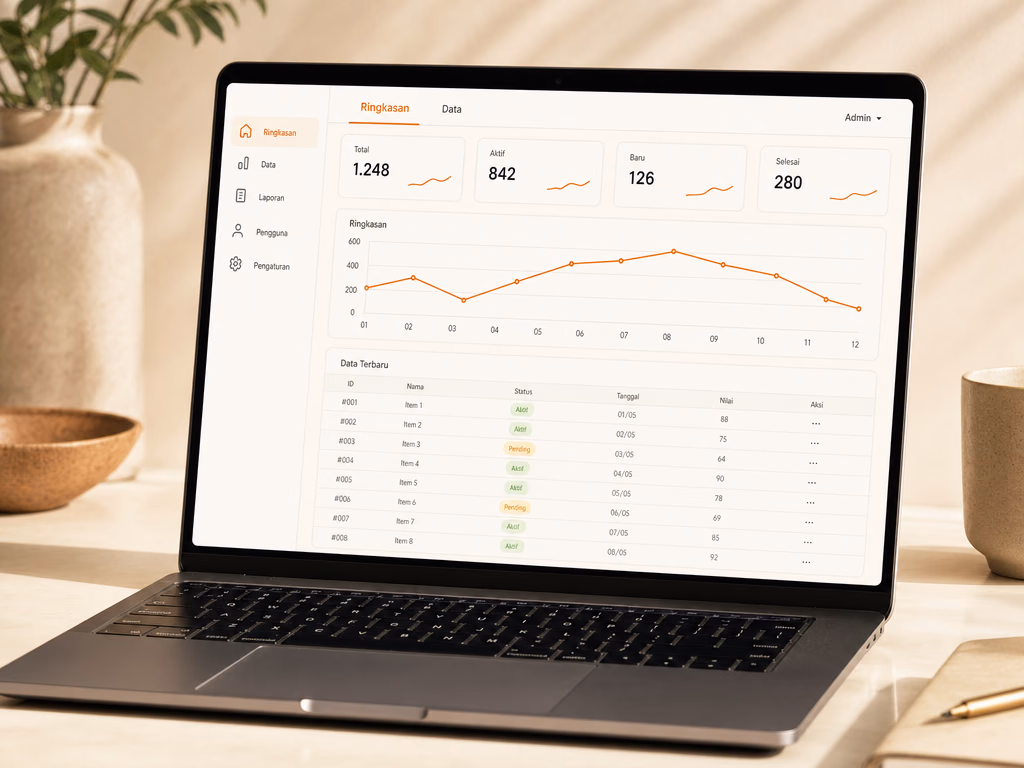 Laptop menampilkan dashboard aplikasi internal: menu samping, empat kartu metrik, grafik garis oranye, dan tabel data dengan label status Aktif dan Pending.