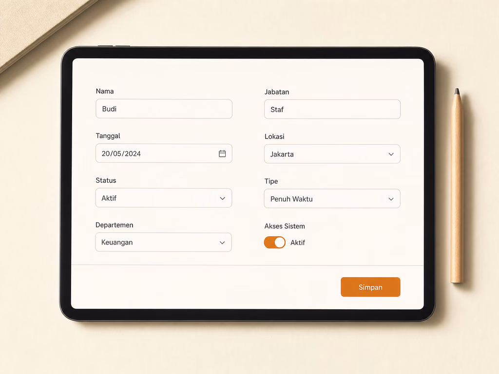 Tablet menampilkan formulir data karyawan dua kolom dengan kolom Nama, Tanggal, Status, Departemen, sakelar akses sistem, dan tombol "Simpan" oranye.