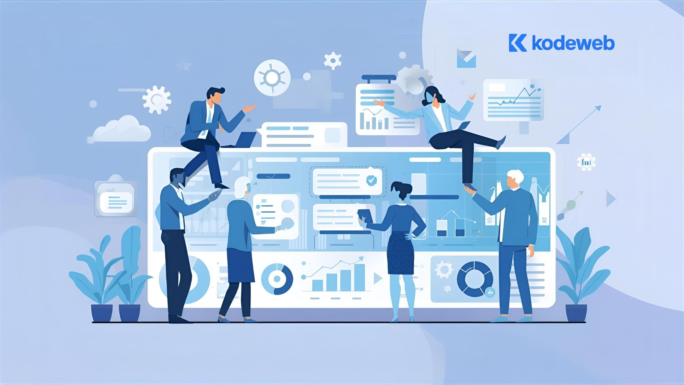 Ilustrasi pengusaha berdiskusi dengan tim developer di kantor Semarang untuk membuat website profesional