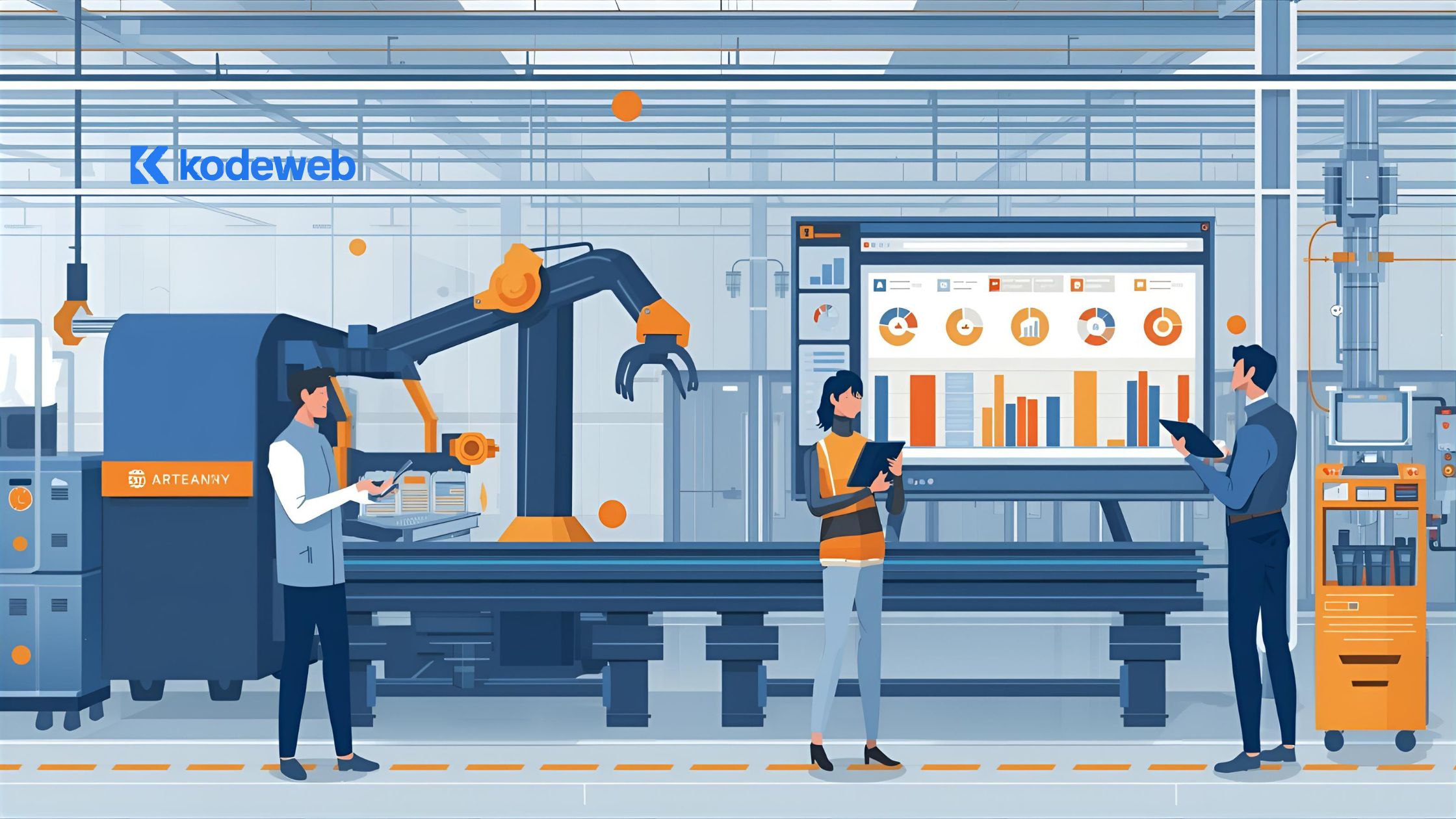 Ilustrasi pabrik manufaktur modern dengan sistem aplikasi custom untuk meningkatkan efisiensi produksi